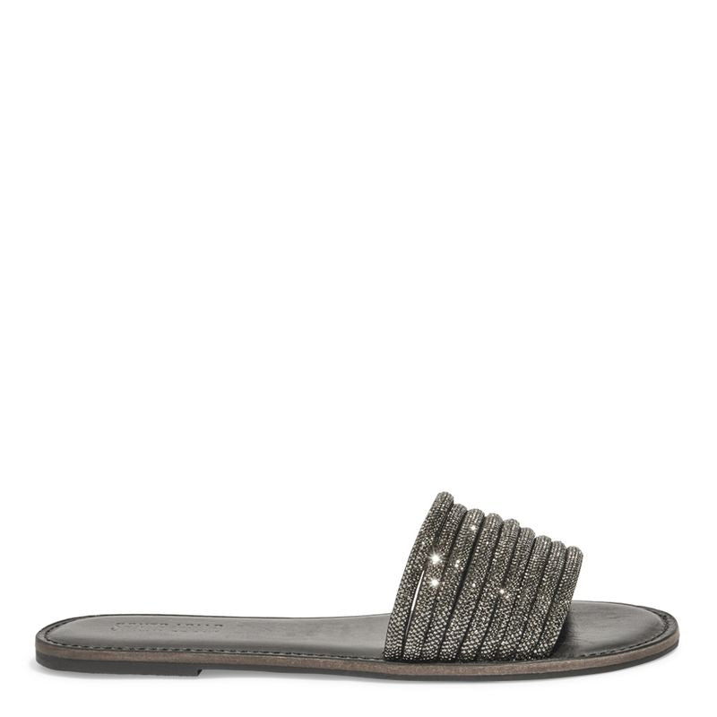 Rasteira Flat Preto Tiras Strass Brilhos